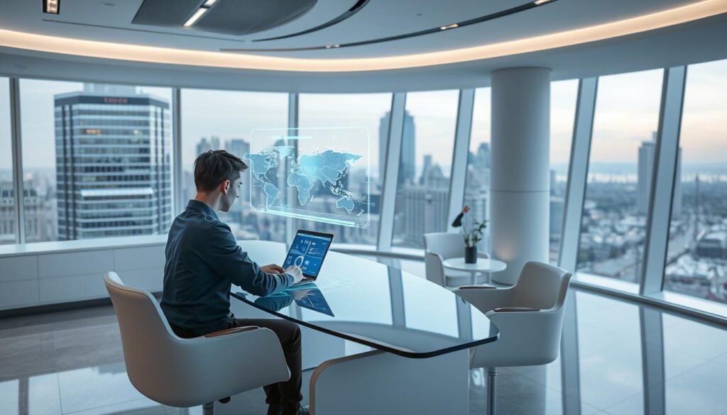 A bright, futuristic office interior with sleek, minimalist furniture and large windows overlooking a cityscape. In the foreground, a person sits at a curved, glass-topped desk, deeply focused on a holographic display projected above their laptop. An advanced, AI-powered digital assistant hovers nearby, ready to provide real-time productivity insights and recommendations based on the user's data and patterns. The lighting is soft and ambient, creating a calm, focused atmosphere. The scene conveys the seamless integration of artificial intelligence into everyday work life, enhancing productivity and efficiency.
