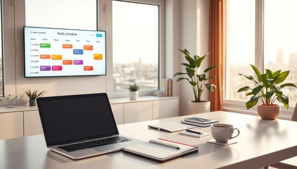 A bright, modern home office with large windows and natural lighting. In the foreground, a neatly organized desk with a sleek laptop, a planner, and a cup of coffee. On the wall, a digital display shows a personalized daily schedule generated by an AI assistant, with color-coded sections for work, exercise, and leisure activities. In the middle ground, a large plant and minimalist decor create a calming, productive atmosphere. The background features a city skyline visible through the windows, hinting at the efficient use of time and the harmonious integration of technology and daily life.