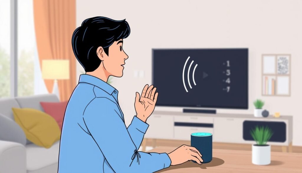 Image of a person using voice commands with a smart speaker